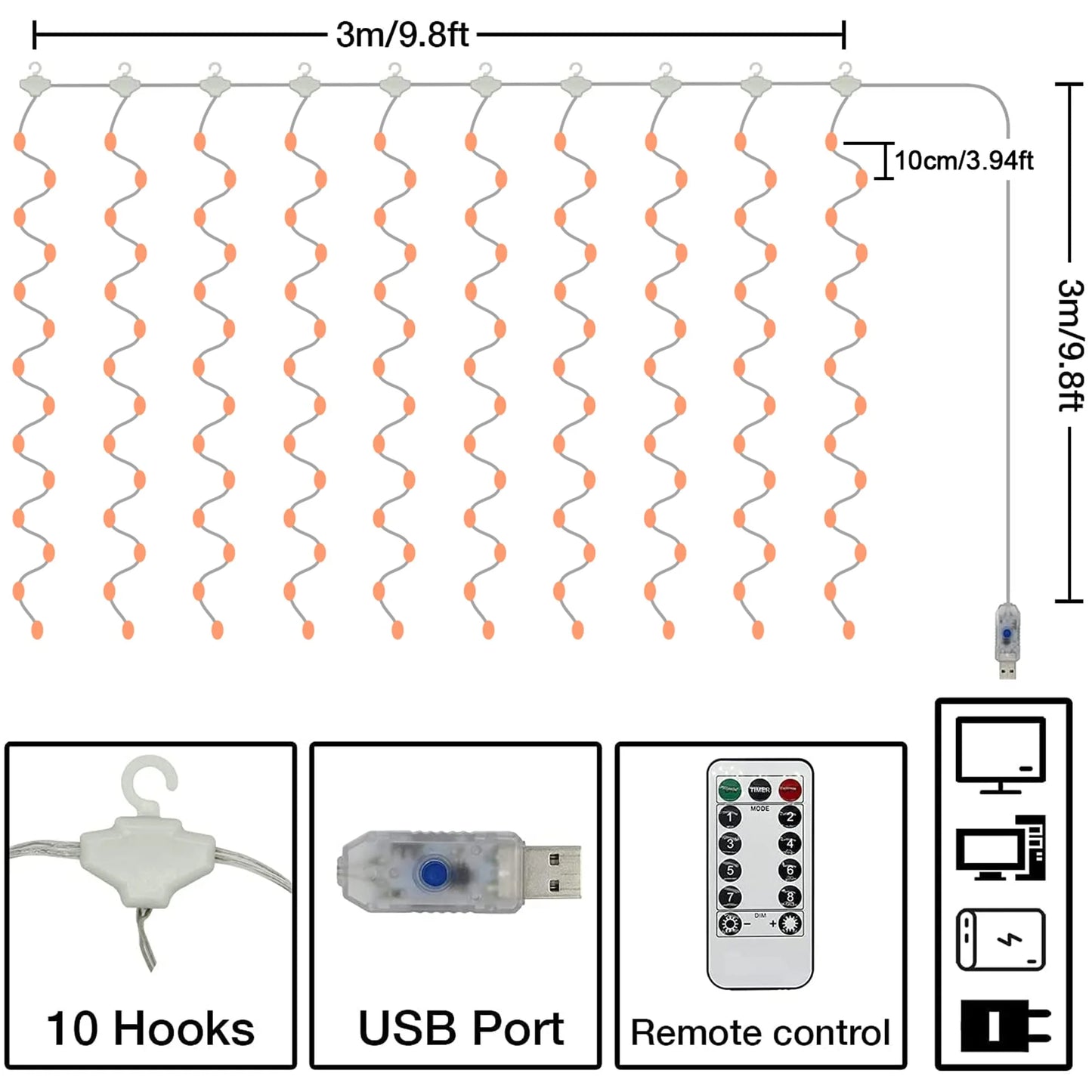 9.8ft 3m USB 8 Modes Remote Outdoor Wedding Pary Garden Home Bedroom Curtain Fairy Holiday Christmas Tree LED String Lights