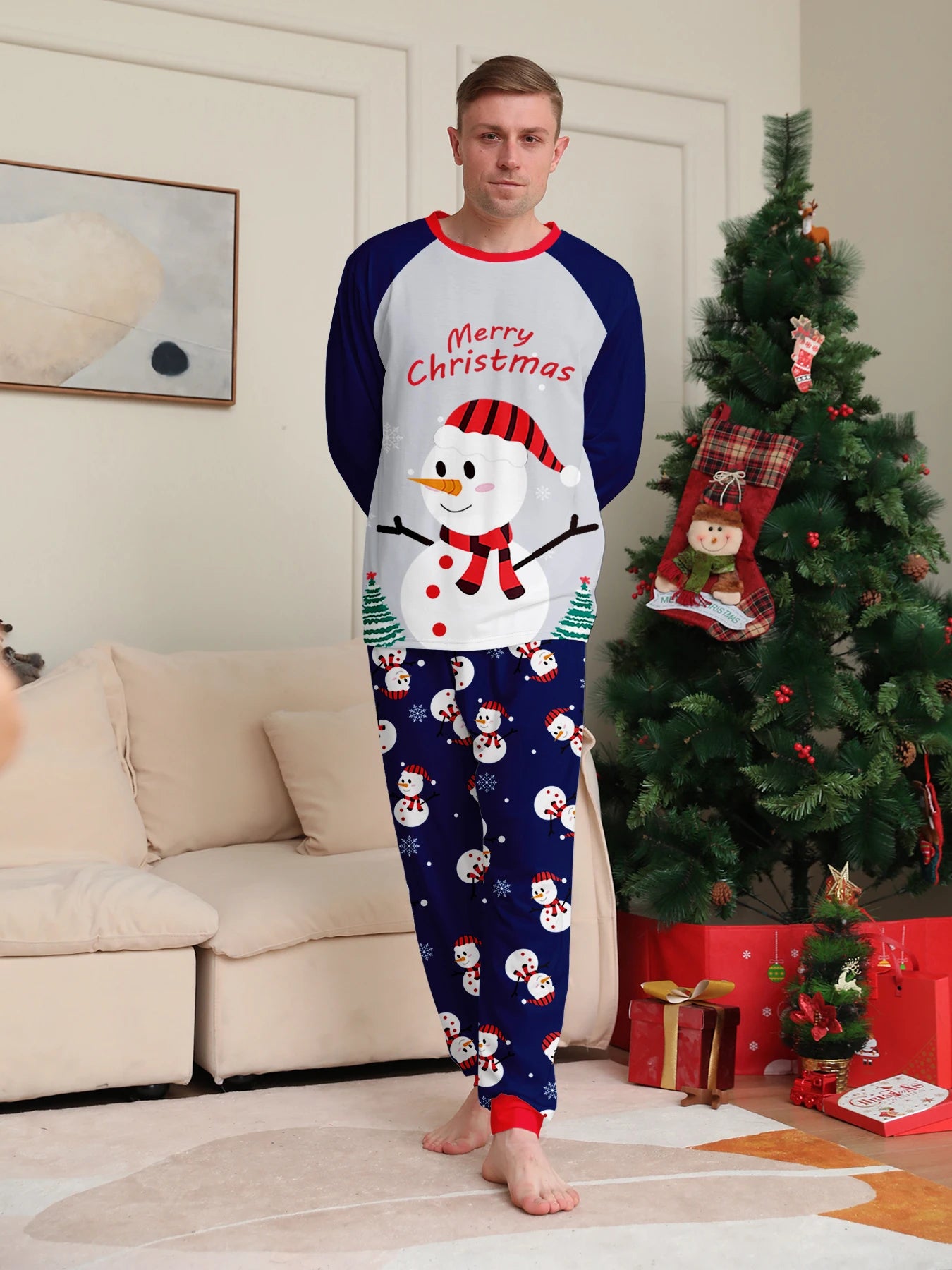 Christmas Couple Pajamas Set - Raglan Sleeve Navy & White Snowman "Merry Christmas" Print & Festive Pattern Pants Sleepwear