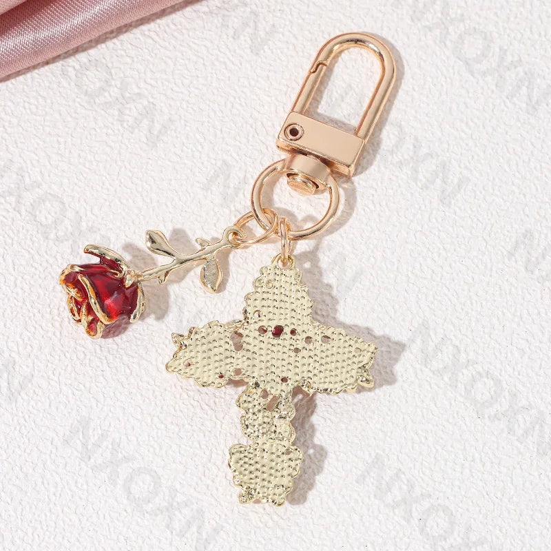 Pretty Rose Cross Red Enamel Keychain Lovely Flowers Plant Key Ring For Women Girl Valentine Handmade Valentine's Day Jewelr
