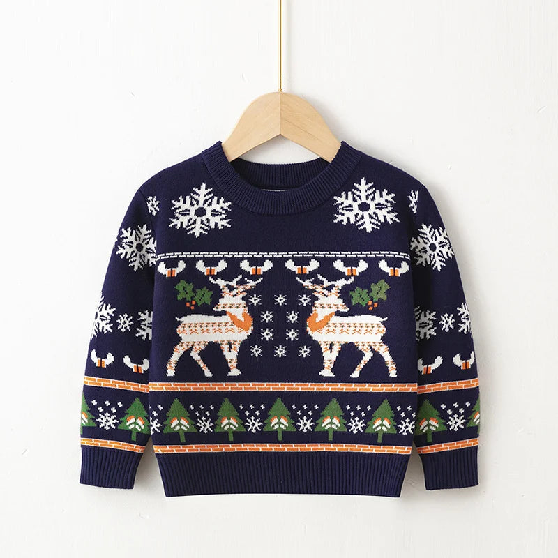 Christmas Knit Sweater Winter Kids Cartoon Print Pullover Autumn Boys Girls Cotton Warm Knitwear 2-6 Years