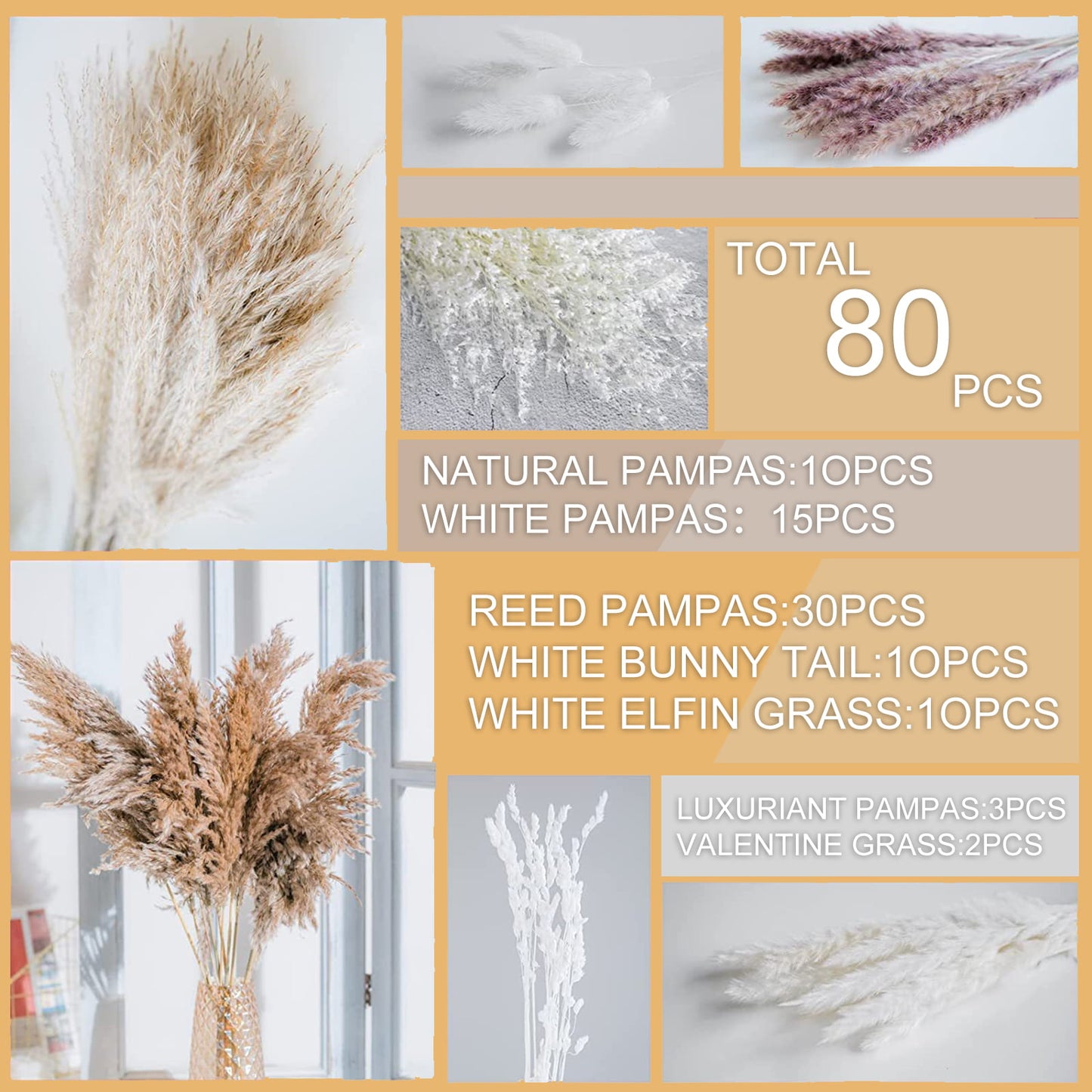 Tripumer 80PCS Natural Dried Pampas Grass Bouquet Bohemian Home Decora