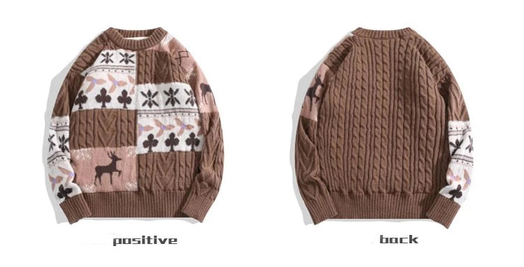 Vintage Christmas Sweater Men's Clothing Knitwear 2024 Winter American Thick Loose Sweater Pullovers New Japanese Splice Jumpers