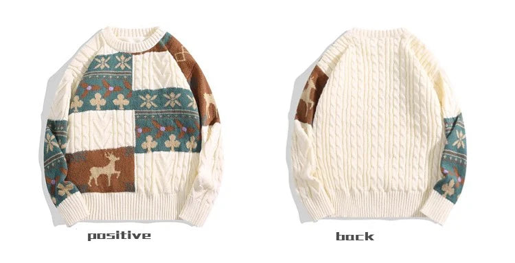 Vintage Christmas Sweater Men's Clothing Knitwear 2024 Winter American Thick Loose Sweater Pullovers New Japanese Splice Jumpers