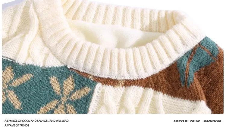 Vintage Christmas Sweater Men's Clothing Knitwear 2024 Winter American Thick Loose Sweater Pullovers New Japanese Splice Jumpers