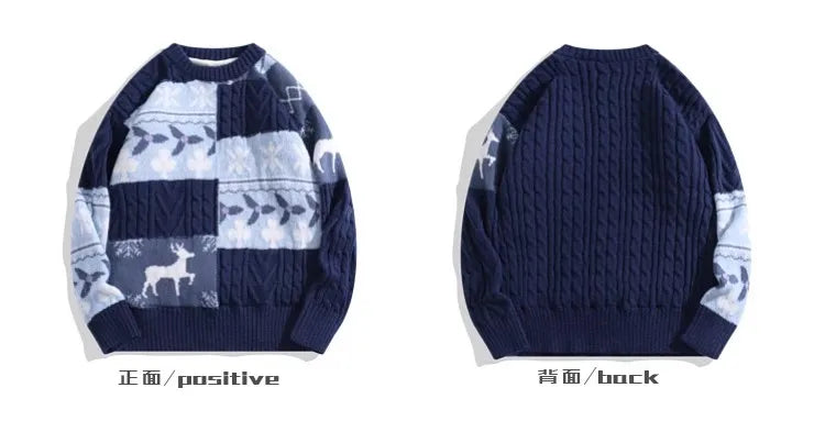 Vintage Christmas Sweater Men's Clothing Knitwear 2024 Winter American Thick Loose Sweater Pullovers New Japanese Splice Jumpers