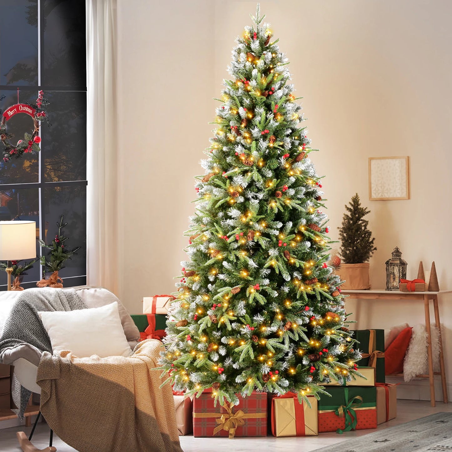 Pre-Lit Christmas Tree with Pinecone & Berries PE & PVC Mixed Branch Tips, Hinged Snow Frosted Artificial Xmas Tree