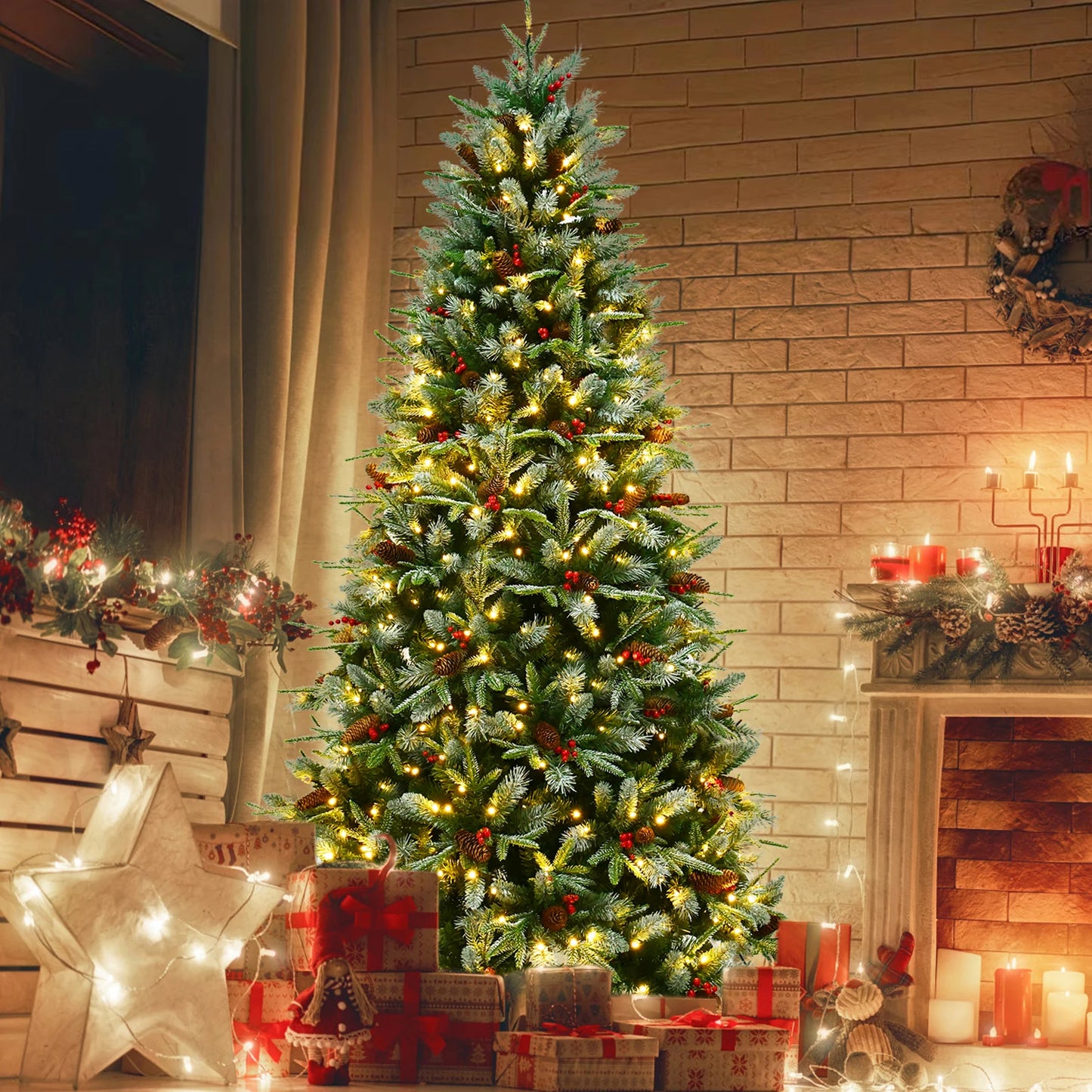 Pre-Lit Christmas Tree with Pinecone & Berries PE & PVC Mixed Branch Tips, Hinged Snow Frosted Artificial Xmas Tree