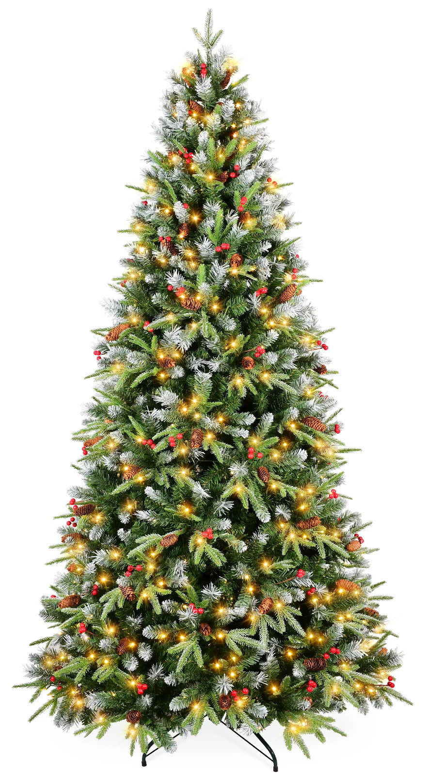 Pre-Lit Christmas Tree with Pinecone & Berries PE & PVC Mixed Branch Tips, Hinged Snow Frosted Artificial Xmas Tree