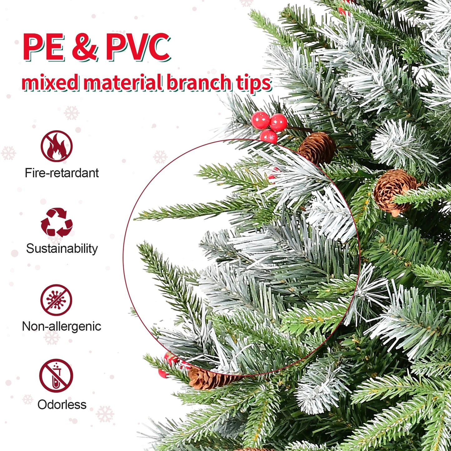 Pre-Lit Christmas Tree with Pinecone & Berries PE & PVC Mixed Branch Tips, Hinged Snow Frosted Artificial Xmas Tree