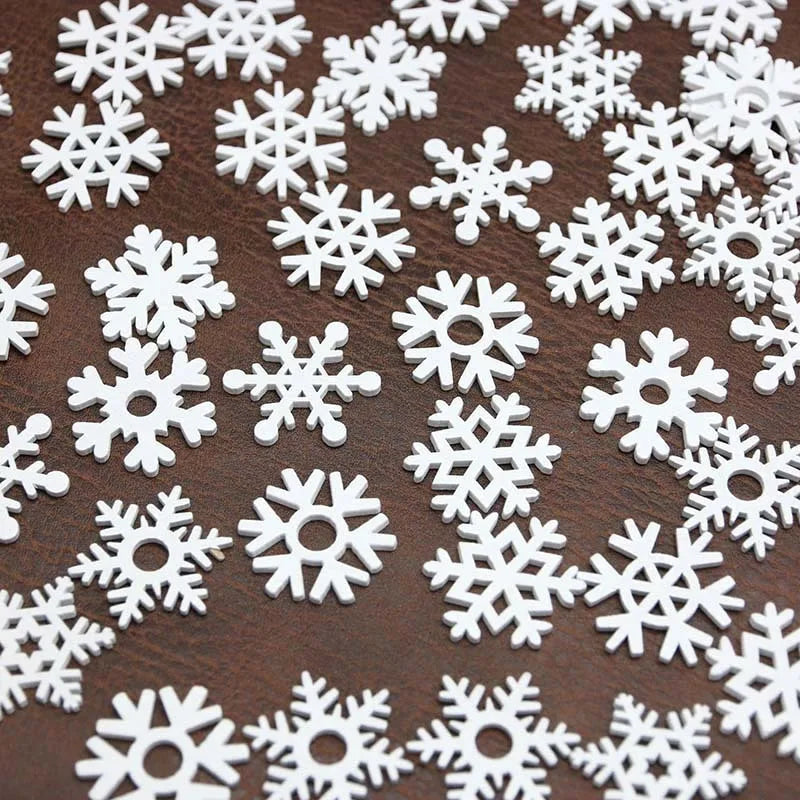 35mm White Wooden Snowflakes Mix Shape Christmas Ornaments Tree Pendants New Year Home Decorations 50pcs/pack