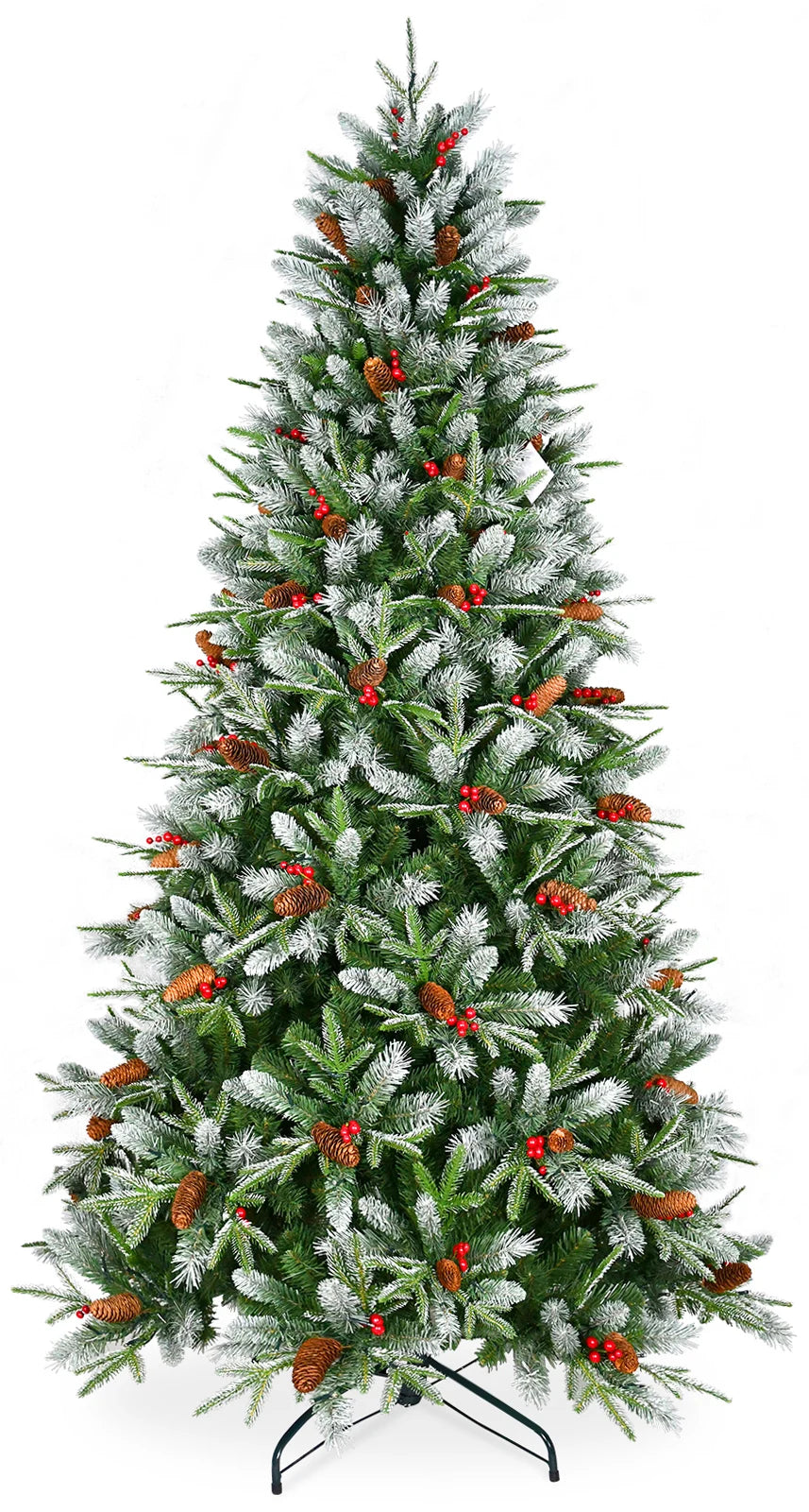 Pre-Lit Christmas Tree with Pinecone & Berries PE & PVC Mixed Branch Tips, Hinged Snow Frosted Artificial Xmas Tree
