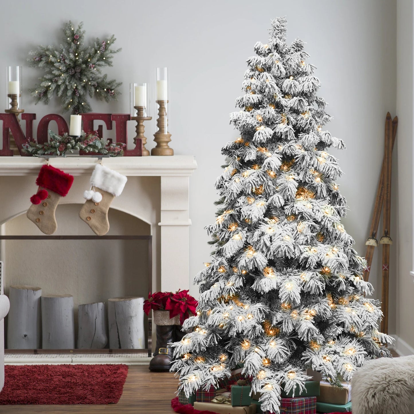 5/6/7/8 Feet Pre-installed Light Flocked Artificial Christmas Tree RGB Fully Pre-installed Light Christmas Tree Snow Flocked