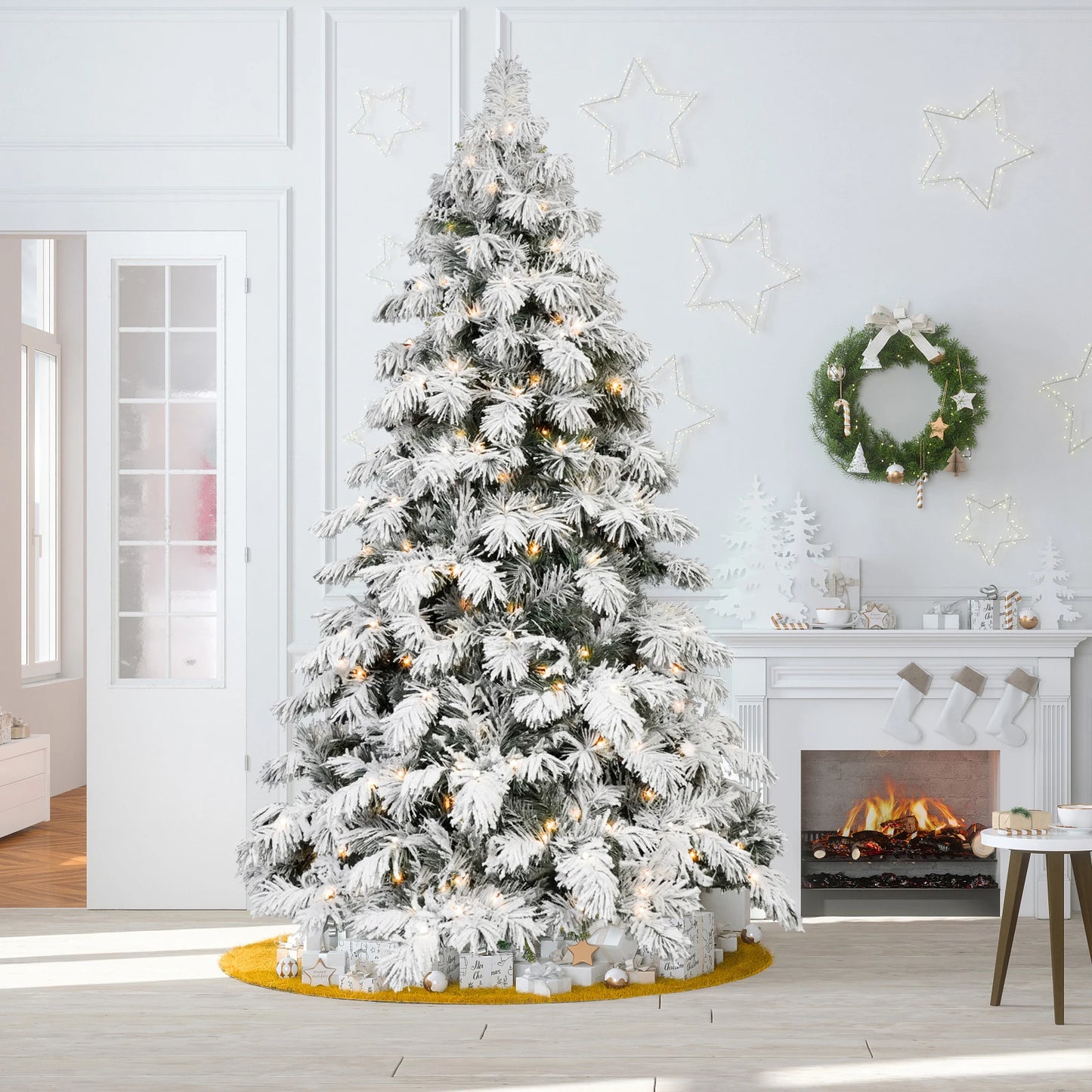 5/6/7/8 Feet Pre-installed Light Flocked Artificial Christmas Tree RGB Fully Pre-installed Light Christmas Tree Snow Flocked