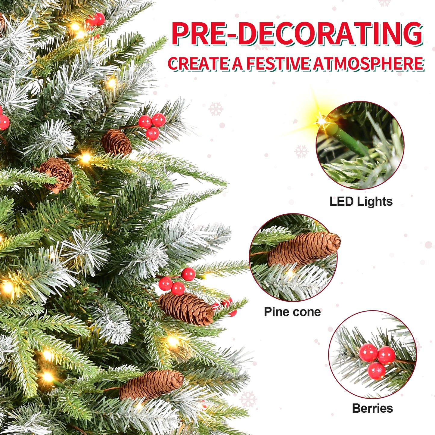 Pre-Lit Christmas Tree with Pinecone & Berries PE & PVC Mixed Branch Tips, Hinged Snow Frosted Artificial Xmas Tree