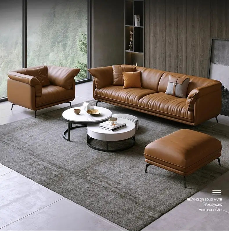 Modern Real Leather Upholstered 1+2+3-Seater Corner Sofa with Black Legs Can be Customzied
