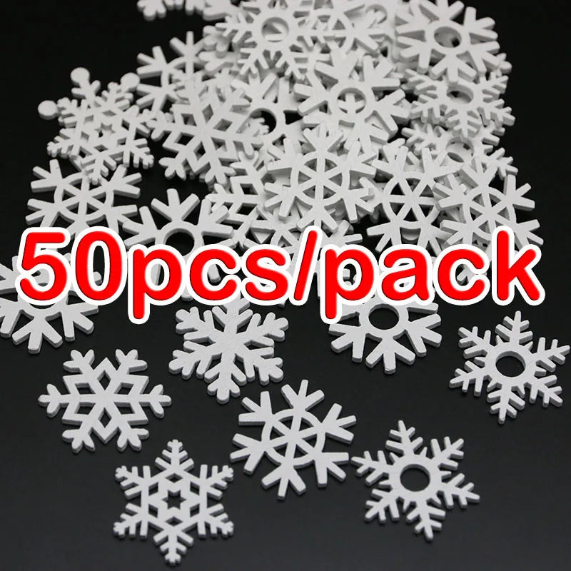 35mm White Wooden Snowflakes Mix Shape Christmas Ornaments Tree Pendants New Year Home Decorations 50pcs/pack