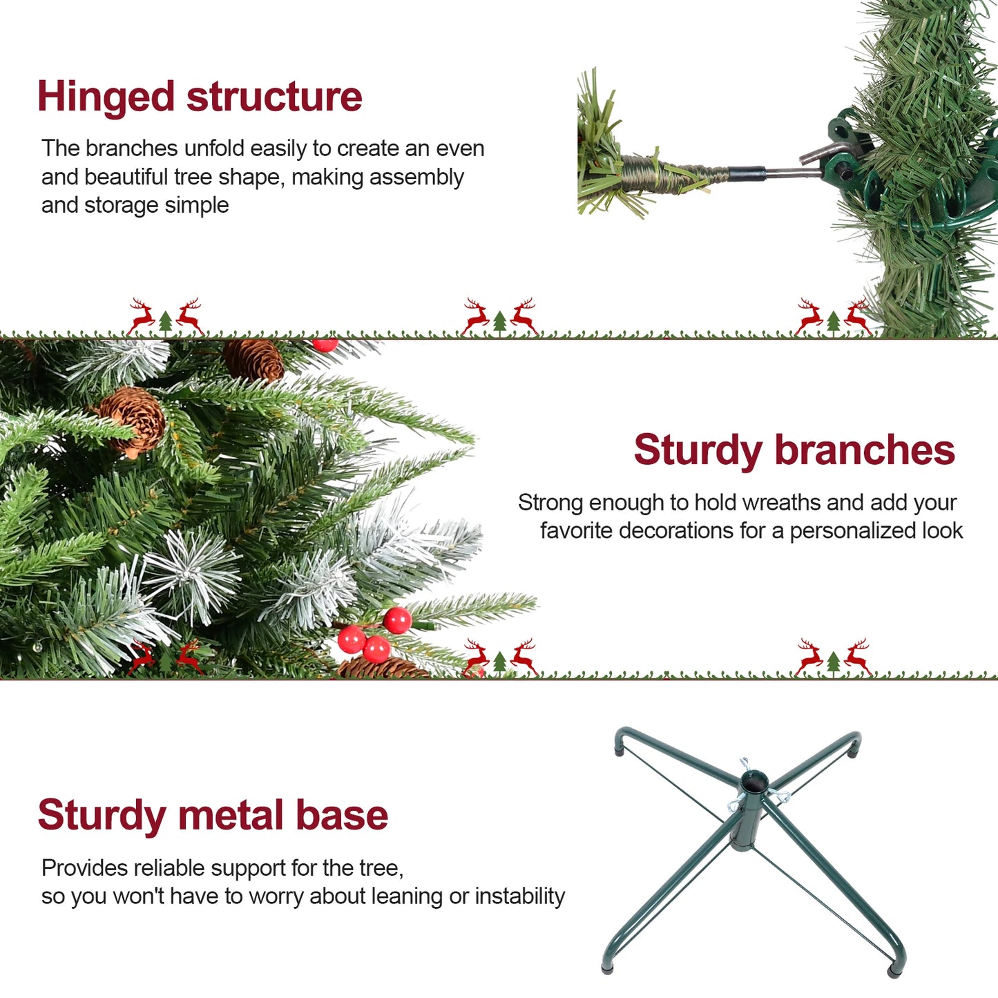 Pre-Lit Christmas Tree with Pinecone & Berries PE & PVC Mixed Branch Tips, Hinged Snow Frosted Artificial Xmas Tree