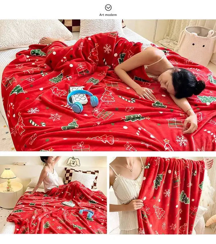 Christmas Thickened Flannel Blanket Red Coral plush Blanket Air-conditioned Blanket Gift Modern and Simple Polyester