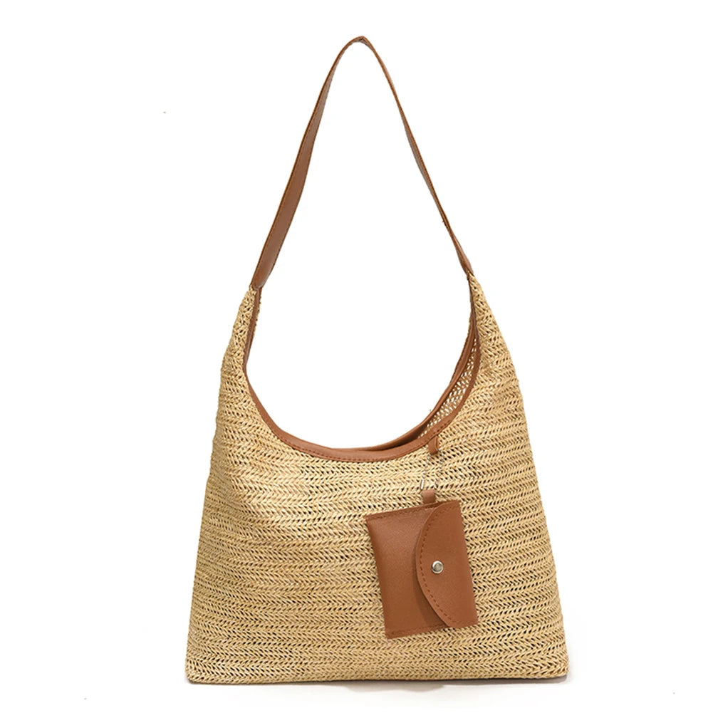 Women Stylish Knit Shoulder Bag Wear Resist Hand Woven Shoulder Bag Vacation Straw Handbag Leisure Bag with Matching Clutch