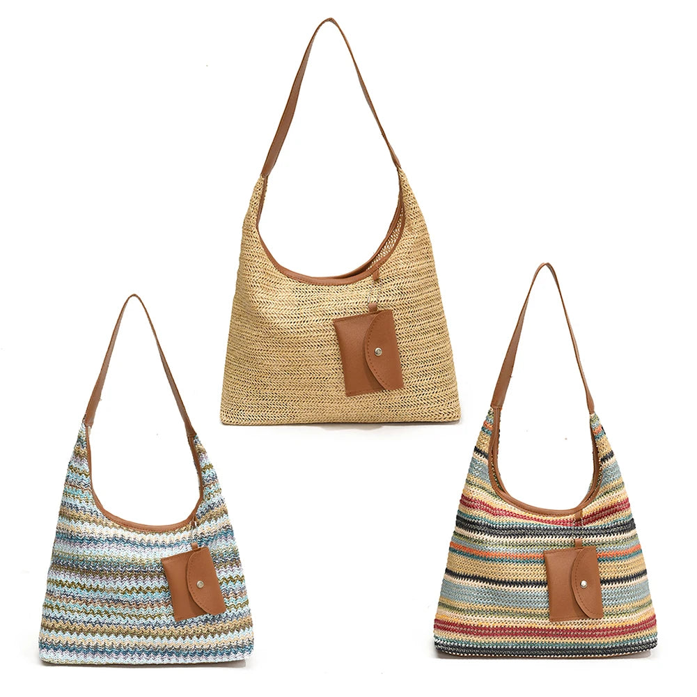 Women Stylish Knit Shoulder Bag Wear Resist Hand Woven Shoulder Bag Vacation Straw Handbag Leisure Bag with Matching Clutch