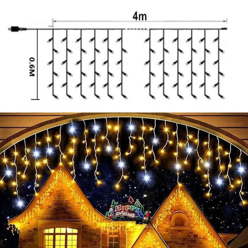 2025 Christmas Lights Street Garland Led Icicle Curtain Lights White Flash Outdoor Festoon Fairy Light Wedding New Year Decor