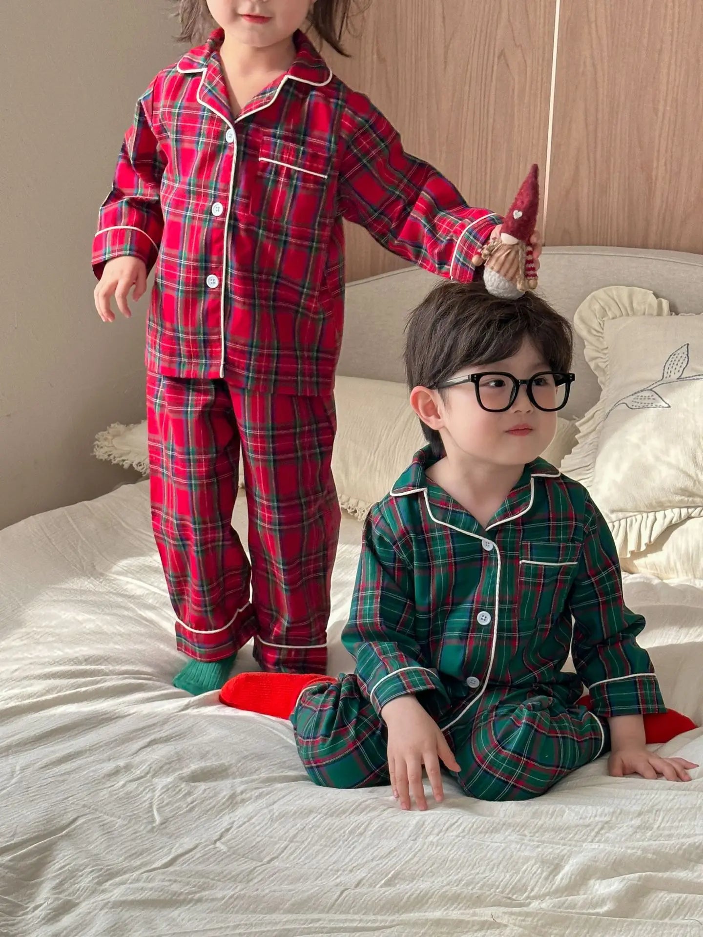Christmas Children's Pajamas Boys Pure Cotton Plaid New Spring and Autumn Girls Long-sleeved Suit Baby Loungewear