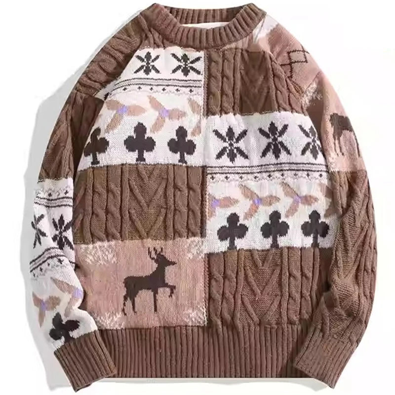 Vintage Christmas Sweater Men's Clothing Knitwear 2024 Winter American Thick Loose Sweater Pullovers New Japanese Splice Jumpers