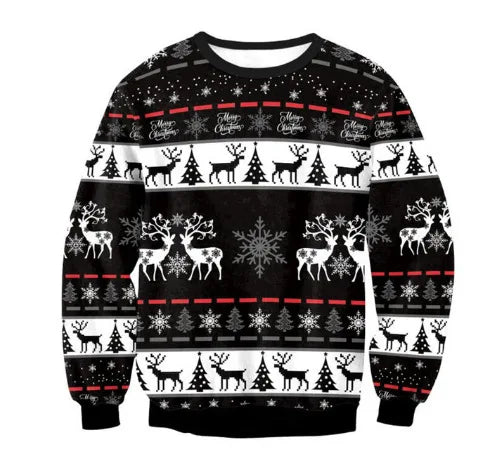 Men's Christmas Sweater Black White Reindeer Snowflake Print with Merry Christmas Text, Festive Pullover Holiday Party Wear