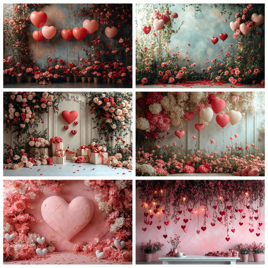 February 14 Valentine's Day Backdrop Romantic Valentine Scenes Red Love Heart Floral Wedding Portrait Photography Background