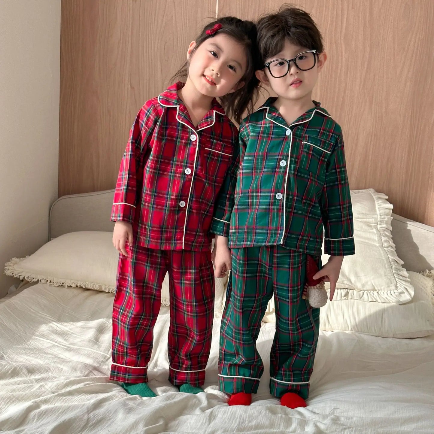 Christmas Children's Pajamas Boys Pure Cotton Plaid New Spring and Autumn Girls Long-sleeved Suit Baby Loungewear