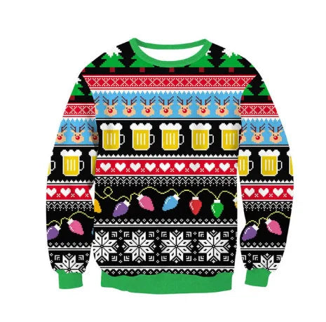 Men's Christmas Sweater Black White Reindeer Snowflake Print with Merry Christmas Text, Festive Pullover Holiday Party Wear