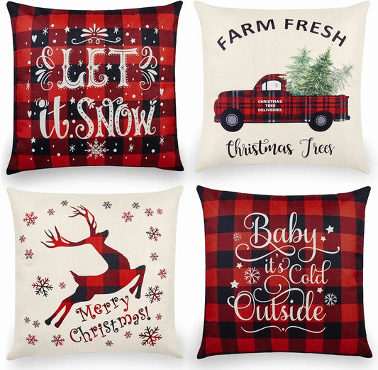 Christmas Throw Cushion Covers 18x18 Inch Set of 4 Linen Christmas Pillowcases Black and Red Buffalo Plaid Pillow Cases Decor