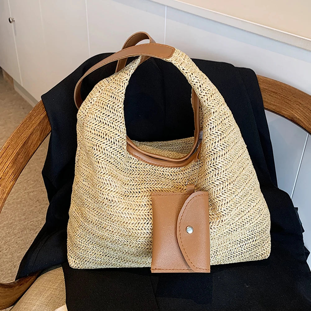 Women Stylish Knit Shoulder Bag Wear Resist Hand Woven Shoulder Bag Vacation Straw Handbag Leisure Bag with Matching Clutch