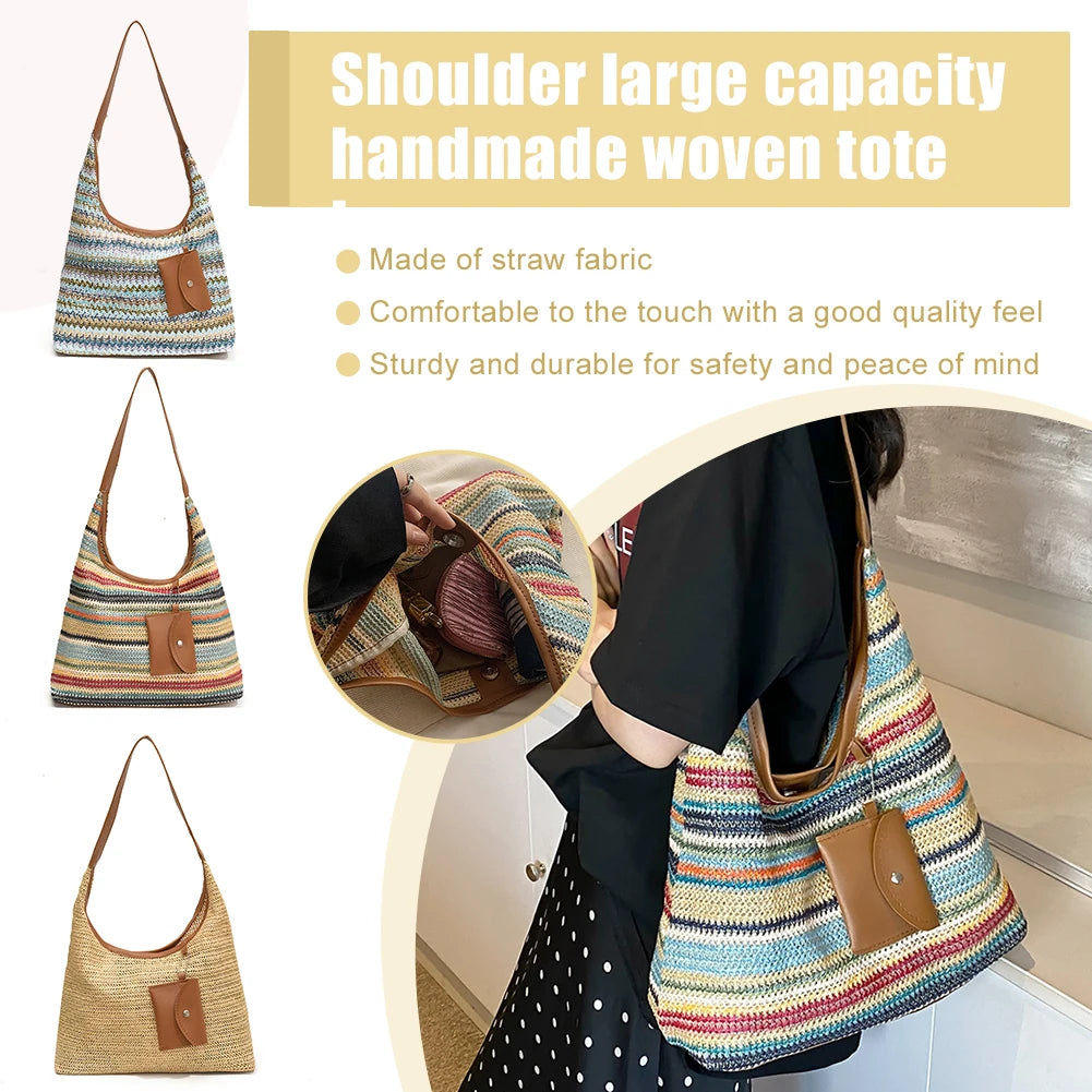 Women Stylish Knit Shoulder Bag Wear Resist Hand Woven Shoulder Bag Vacation Straw Handbag Leisure Bag with Matching Clutch