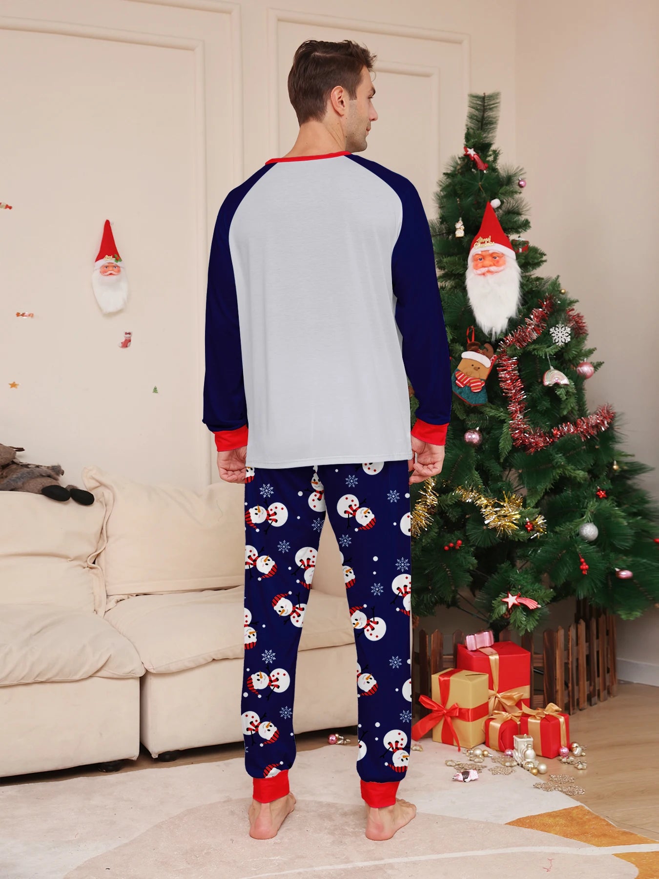Christmas Couple Pajamas Set - Raglan Sleeve Navy & White Snowman "Merry Christmas" Print & Festive Pattern Pants Sleepwear