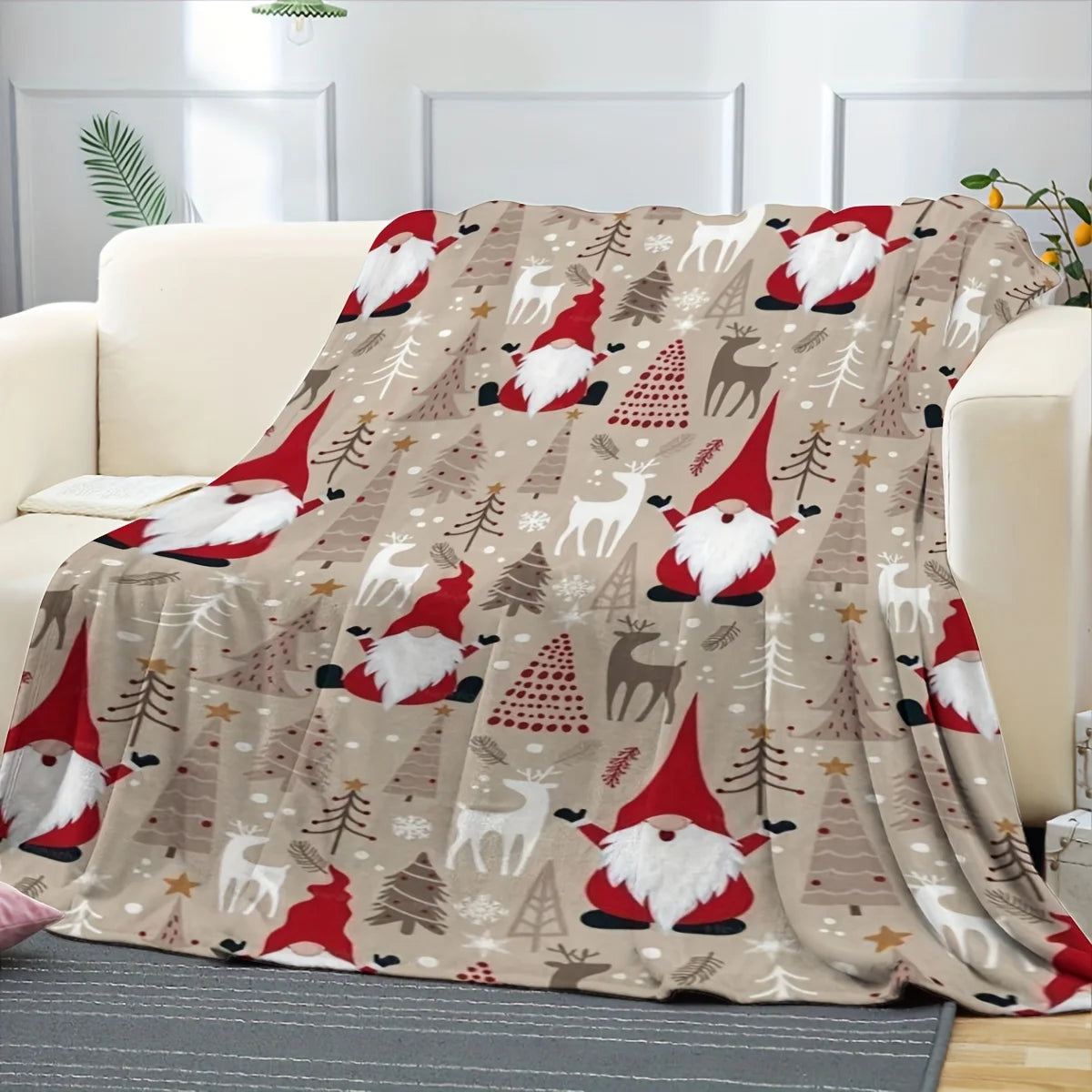 Christmas Flannel Blanket – Digital Santa/Reindeer Print, All-Season Cozy Polyester, Soft Touch, Ideal for Festive Decor & Gift