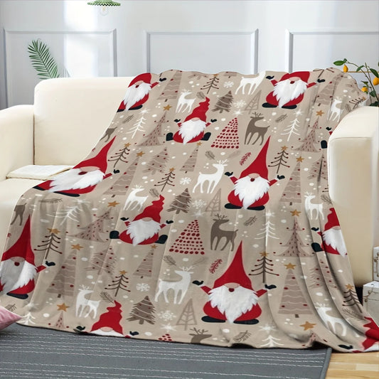 Christmas Flannel Blanket – Digital Santa/Reindeer Print, All-Season Cozy Polyester, Soft Touch, Ideal for Festive Decor & Gift