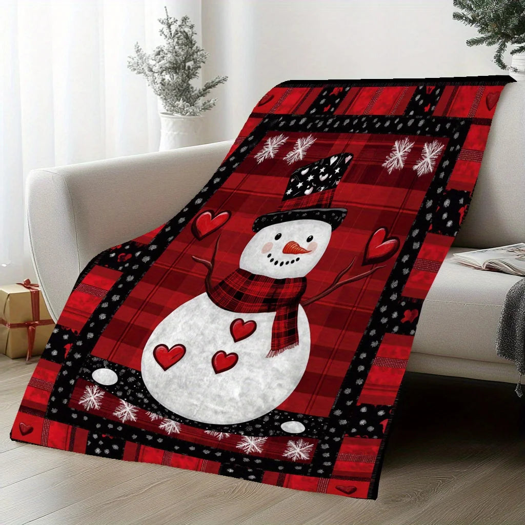 Comfortable Flannel Christmas Blanket with Checkered Snowman Ice House and Reindeer Offices and Versatile Gift for All Seasons