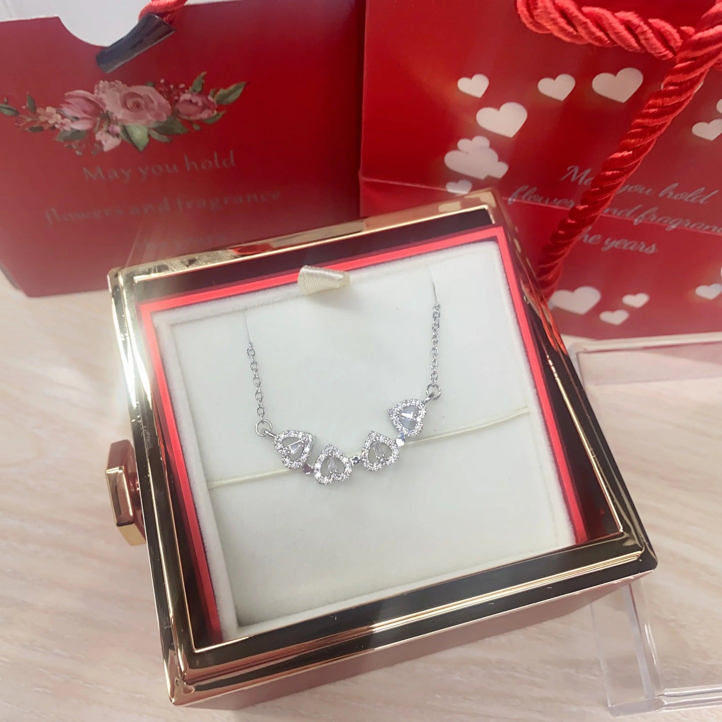 New Valentine Eternal Rose Jewelry Ring Box Rotate Wedding Clover Pendant Necklace Storage Case For Women Valentine's Day Gift