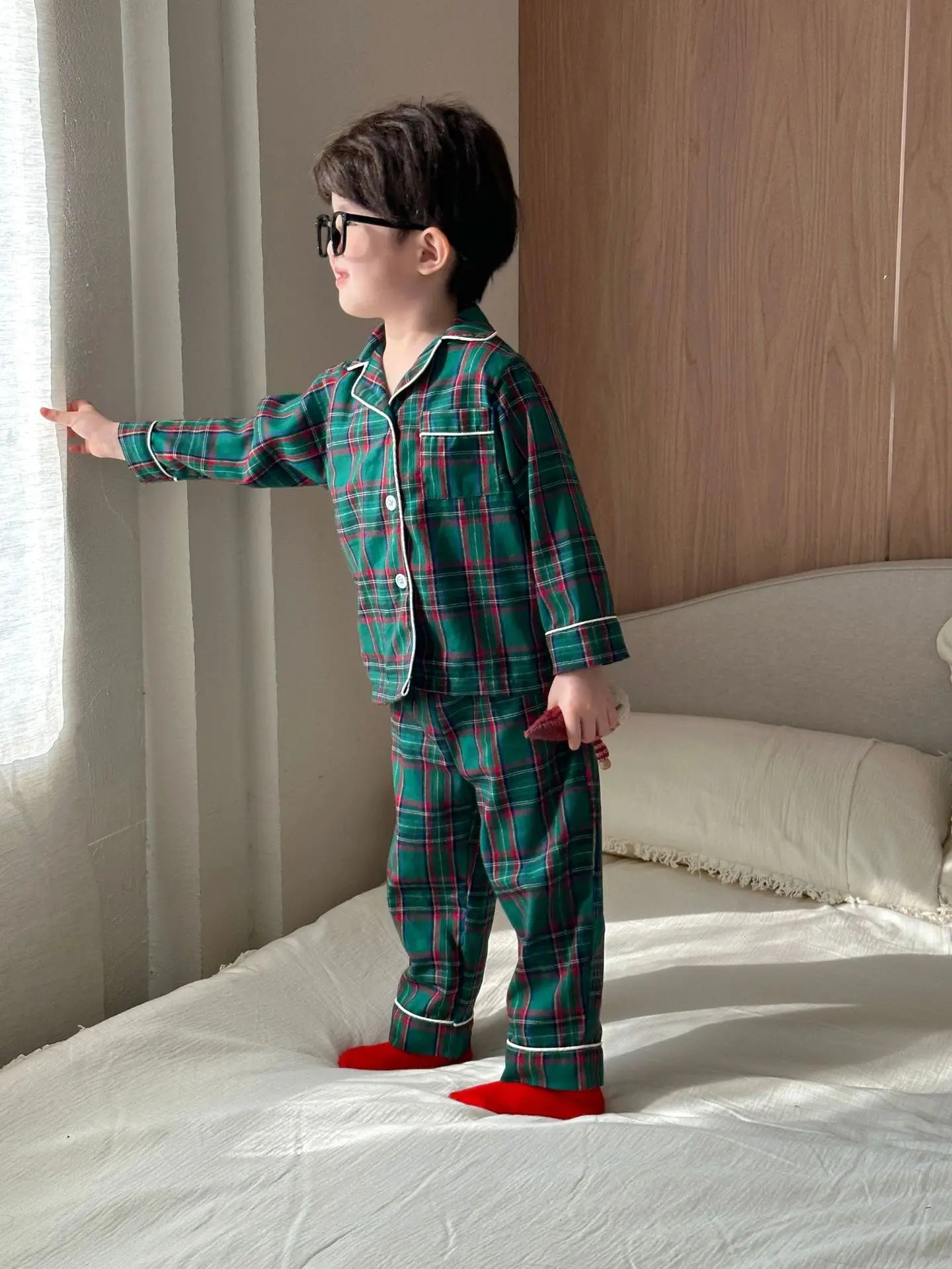 Christmas Children's Pajamas Boys Pure Cotton Plaid New Spring and Autumn Girls Long-sleeved Suit Baby Loungewear