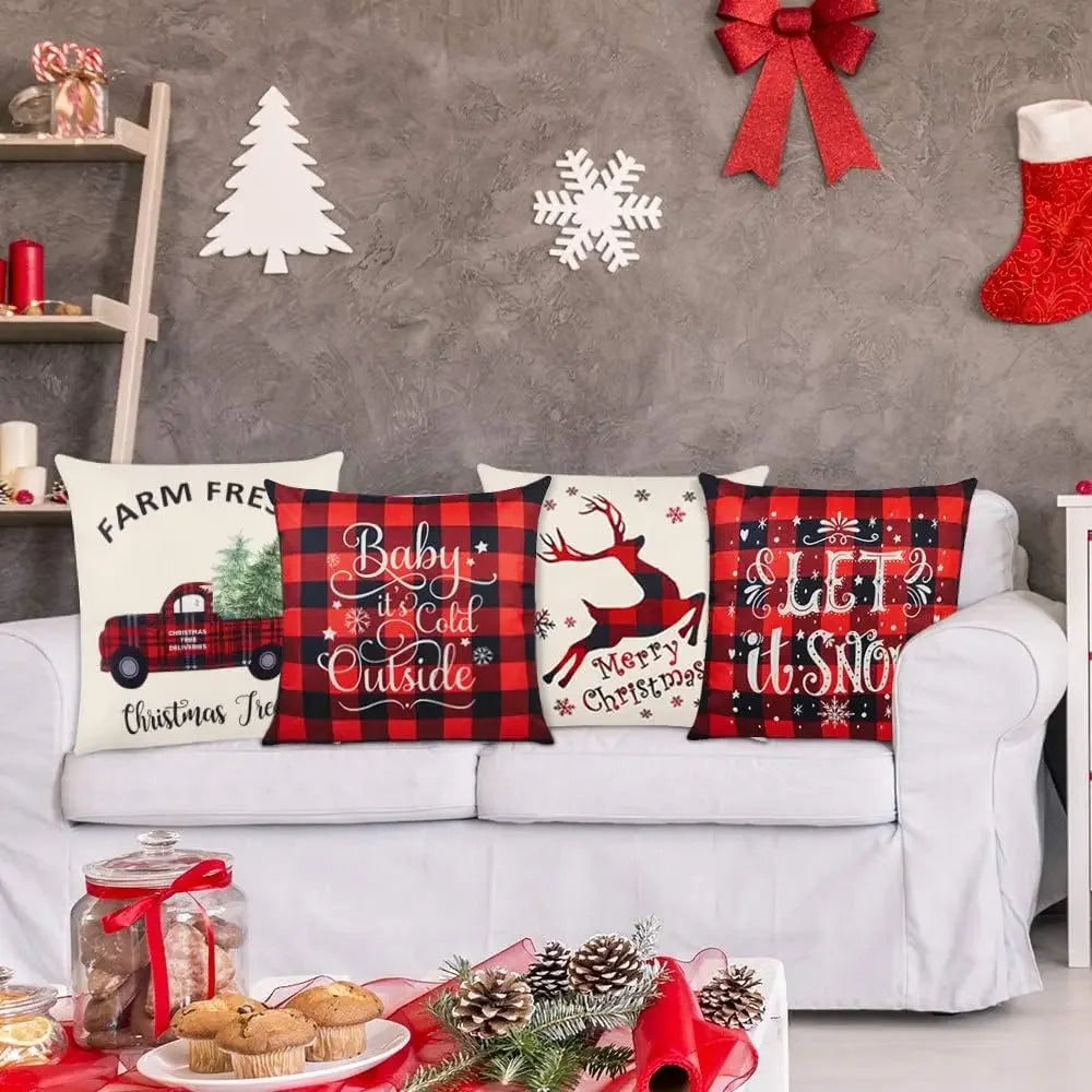 Christmas Throw Cushion Covers 18x18 Inch Set of 4 Linen Christmas Pillowcases Black and Red Buffalo Plaid Pillow Cases Decor