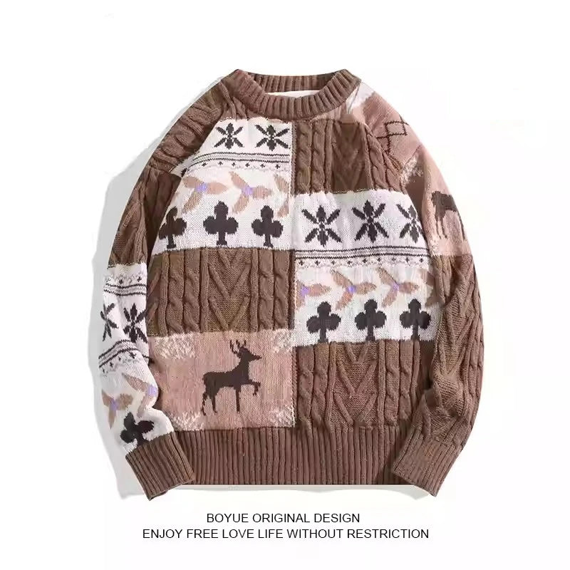 Vintage Christmas Sweater Men's Clothing Knitwear 2024 Winter American Thick Loose Sweater Pullovers New Japanese Splice Jumpers