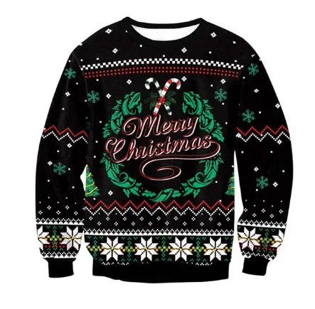 Men's Christmas Sweater Black White Reindeer Snowflake Print with Merry Christmas Text, Festive Pullover Holiday Party Wear