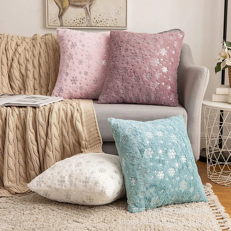 Christmas Cushion Cover 43x43cm Plush Fur Snowflake Print Cushion Covers Decorative Pillow Cover for Sofa Livingroom Home Decor