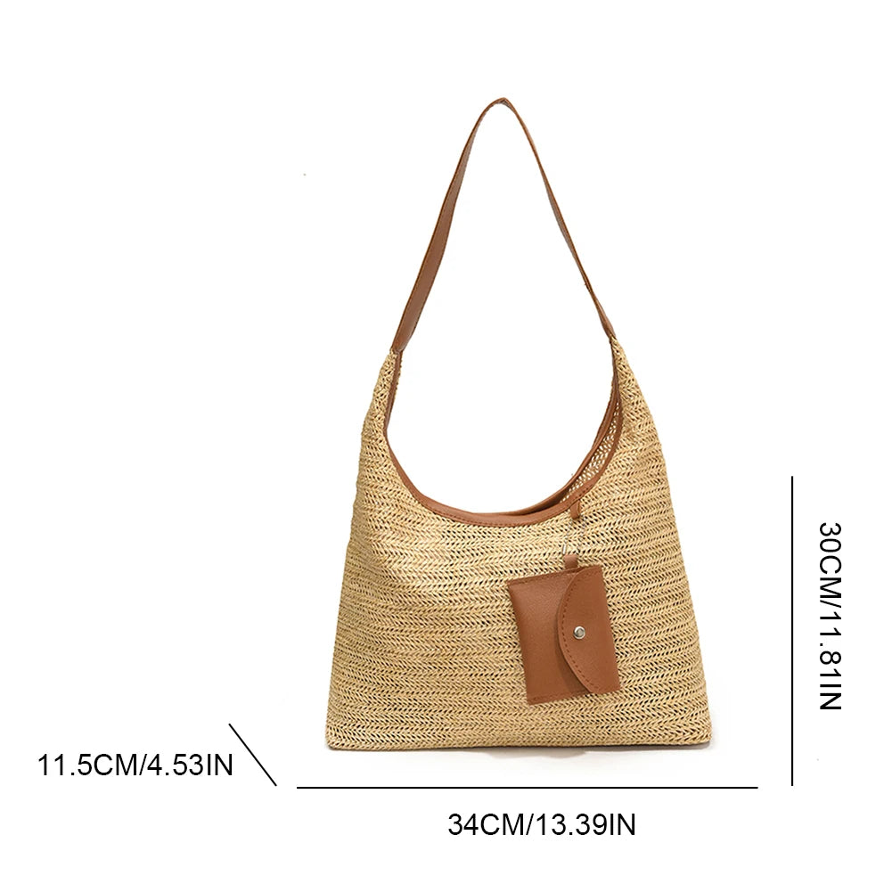 Women Stylish Knit Shoulder Bag Wear Resist Hand Woven Shoulder Bag Vacation Straw Handbag Leisure Bag with Matching Clutch