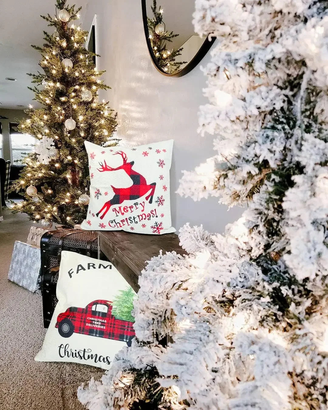 Christmas Throw Cushion Covers 18x18 Inch Set of 4 Linen Christmas Pillowcases Black and Red Buffalo Plaid Pillow Cases Decor