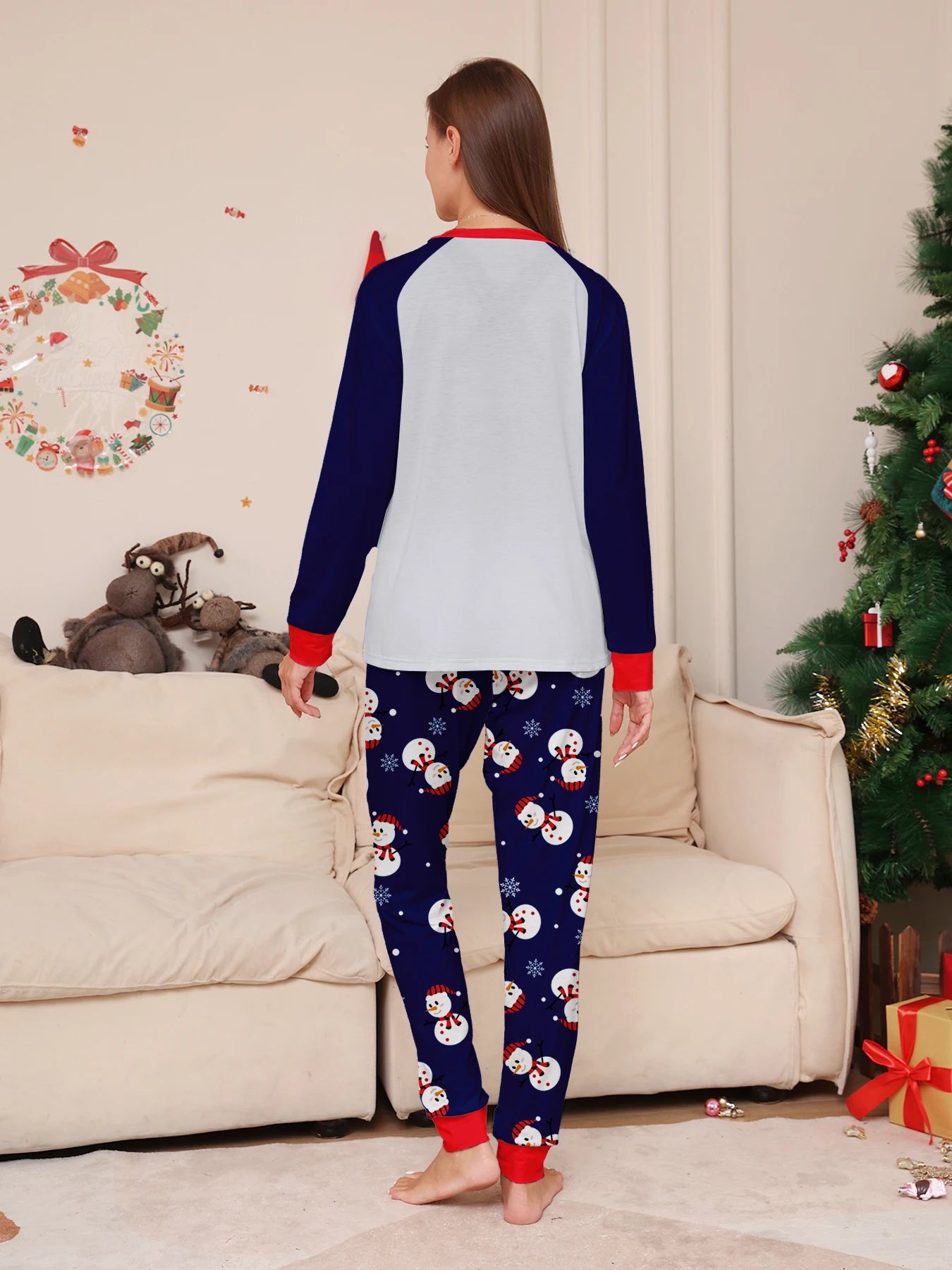 Christmas Couple Pajamas Set - Raglan Sleeve Navy & White Snowman "Merry Christmas" Print & Festive Pattern Pants Sleepwear
