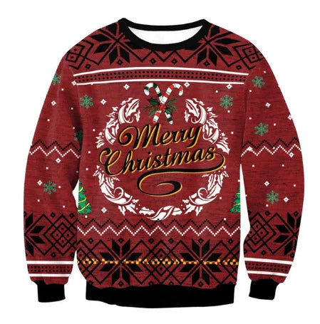 Men's Christmas Sweater Black White Reindeer Snowflake Print with Merry Christmas Text, Festive Pullover Holiday Party Wear