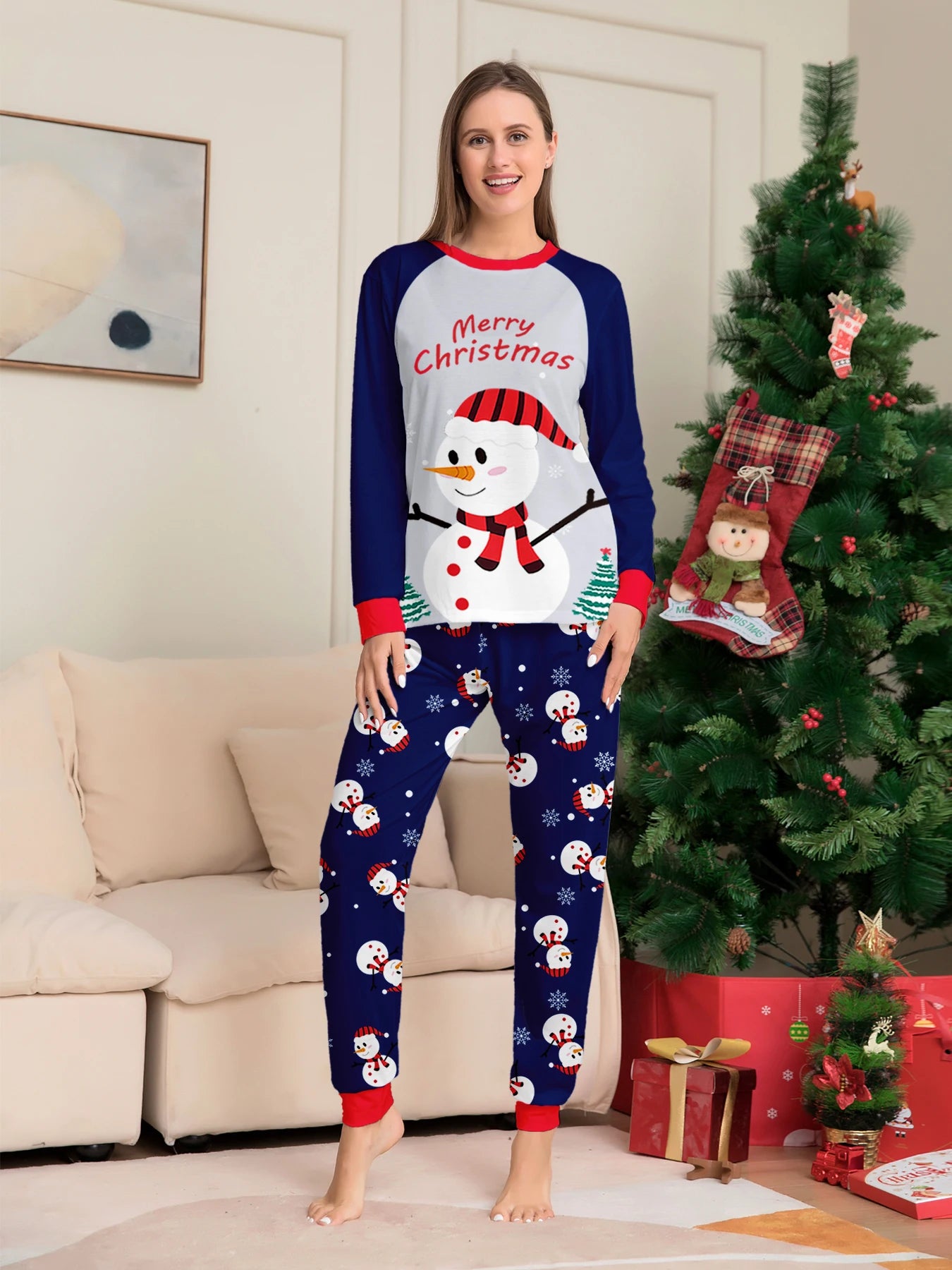 Christmas Couple Pajamas Set - Raglan Sleeve Navy & White Snowman "Merry Christmas" Print & Festive Pattern Pants Sleepwear