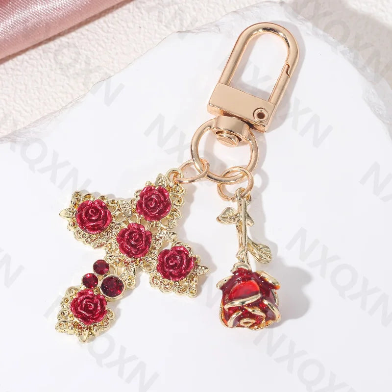 Pretty Rose Cross Red Enamel Keychain Lovely Flowers Plant Key Ring For Women Girl Valentine Handmade Valentine's Day Jewelr